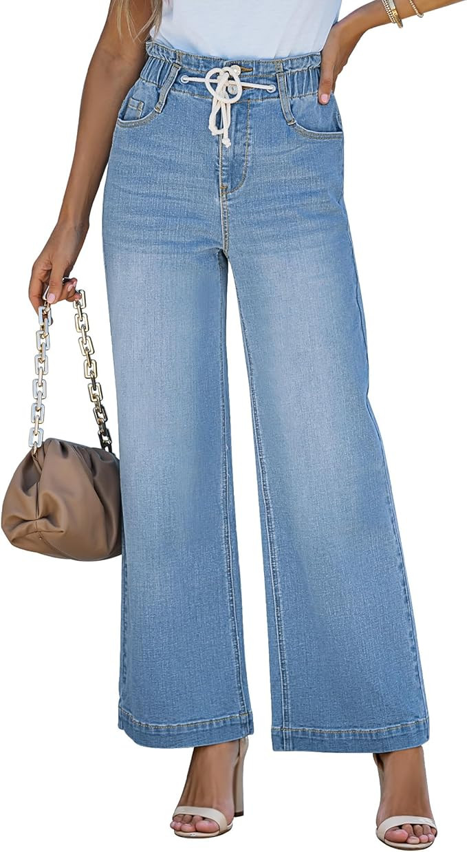 LookbookStore Womens Jeans Wide Leg High Waisted Trendy Elastic Wasit Drawstring Stretch Denim Pa... | Amazon (US)