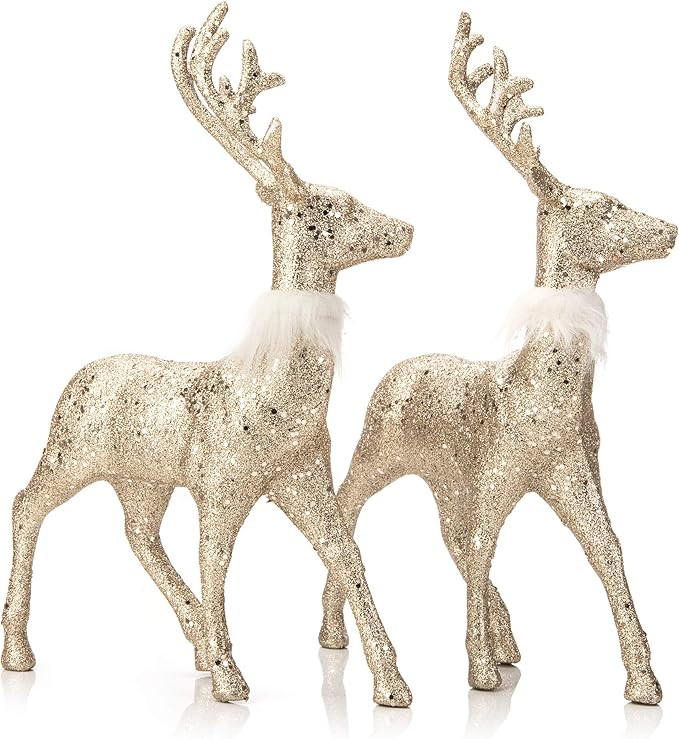 iPEGTOP 2 Pcs Glitter Reindeer Decor Christmas Standing Deer Figurines, 12.6" X 9" Holiday Decora... | Amazon (US)