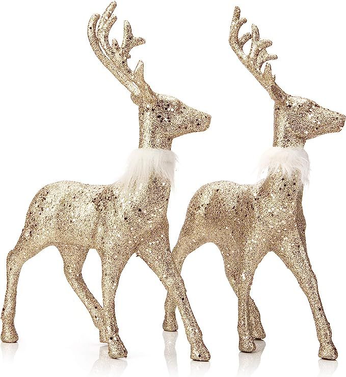 iPEGTOP 2 Pcs Glitter Reindeer Decor Christmas Standing Deer Figurines, 12.6" X 9" Holiday Decora... | Amazon (US)
