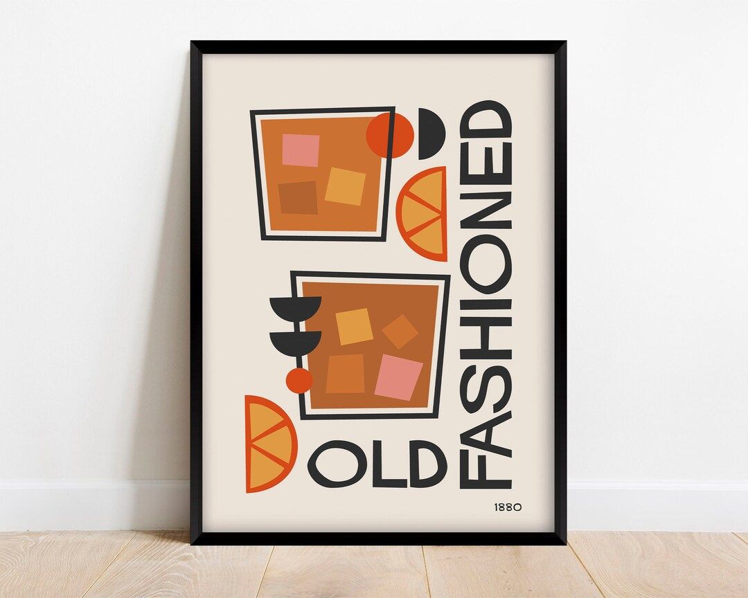 Old Fashioned Cocktail Print, Retro Mid Century Modern Bar Decor, Alcohol Print Digital Download | Etsy (US)