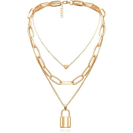 Layered Necklaces for Women Gold Layered Chunky Chain Necklace Elegant Heart Lock Pendant Y Necklace | Walmart (US)