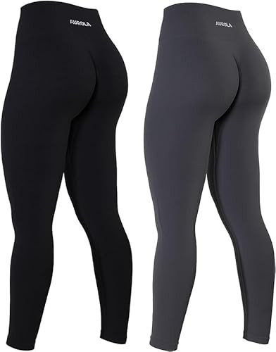 AUROLA 2 Pieces Power Workout Leggings for Women Squat Proof Ribbed Thick Seamless Scrunch,Set (Black+Dark Grey),XL | Amazon (US)