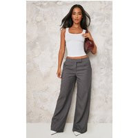 Petite Premium Grey Woven Low Rise Wide Leg Trousers | PrettyLittleThing UK
