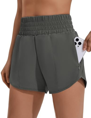 PINSPARK Women 3" Running Active Shorts Stretchy Mesh Liner High Waisted Workout Shorts Quick Dry Dolphin Athletic Shorts with 2 Pockets, Dark Gray, Medium | Amazon (US)