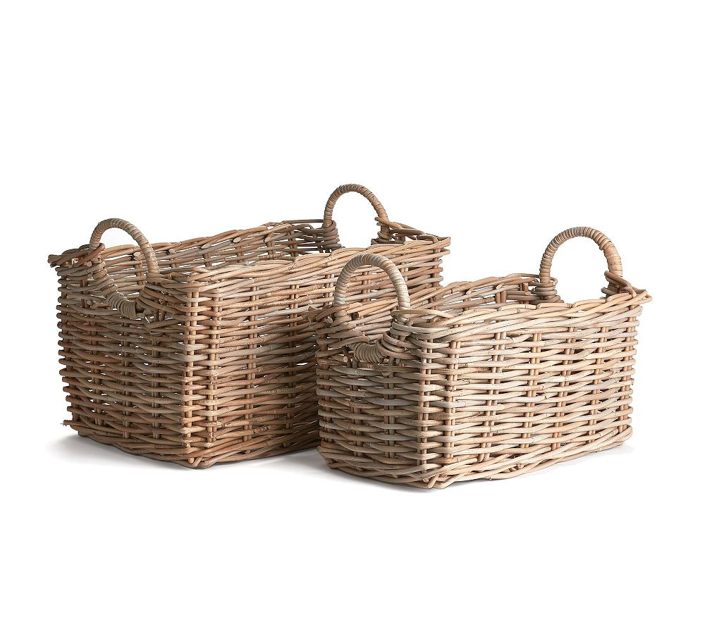 Hand-woven Rattan Rectangular Baskets with Handles, Set of 2 | Pottery Barn (US)