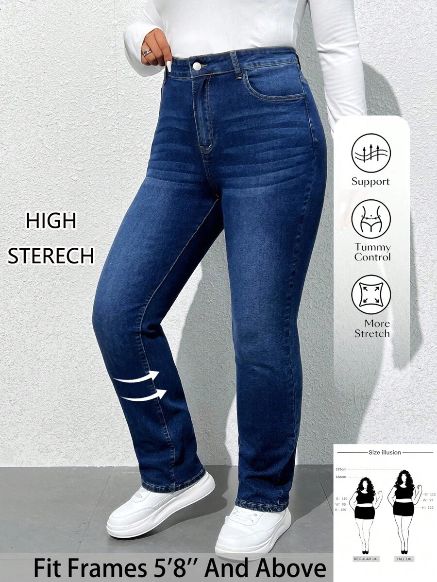 SHEIN Tall Plus Size Women Straight Leg Pockets Casual Versatile Denim Jeans | SHEIN