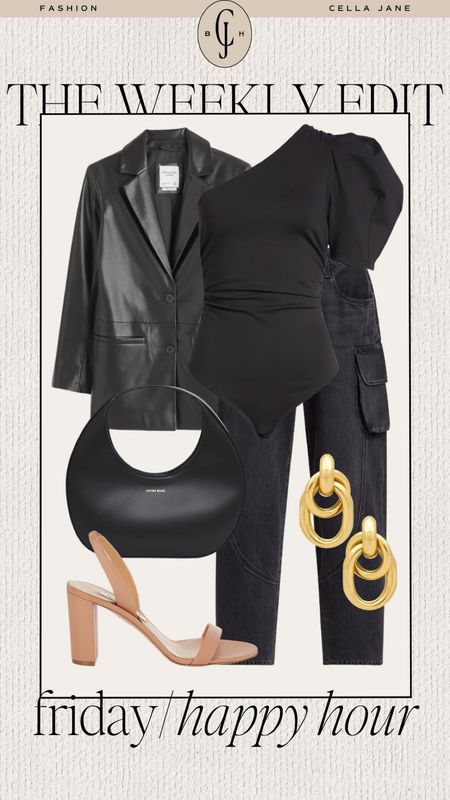 Cella Jane blog weekly edit outfit inspiration. Style inspiration. Friday happy hour. Dressy style. Vegan leather blazer, bodysuit, black jeans, black tote, nude heels  

#LTKstyletip