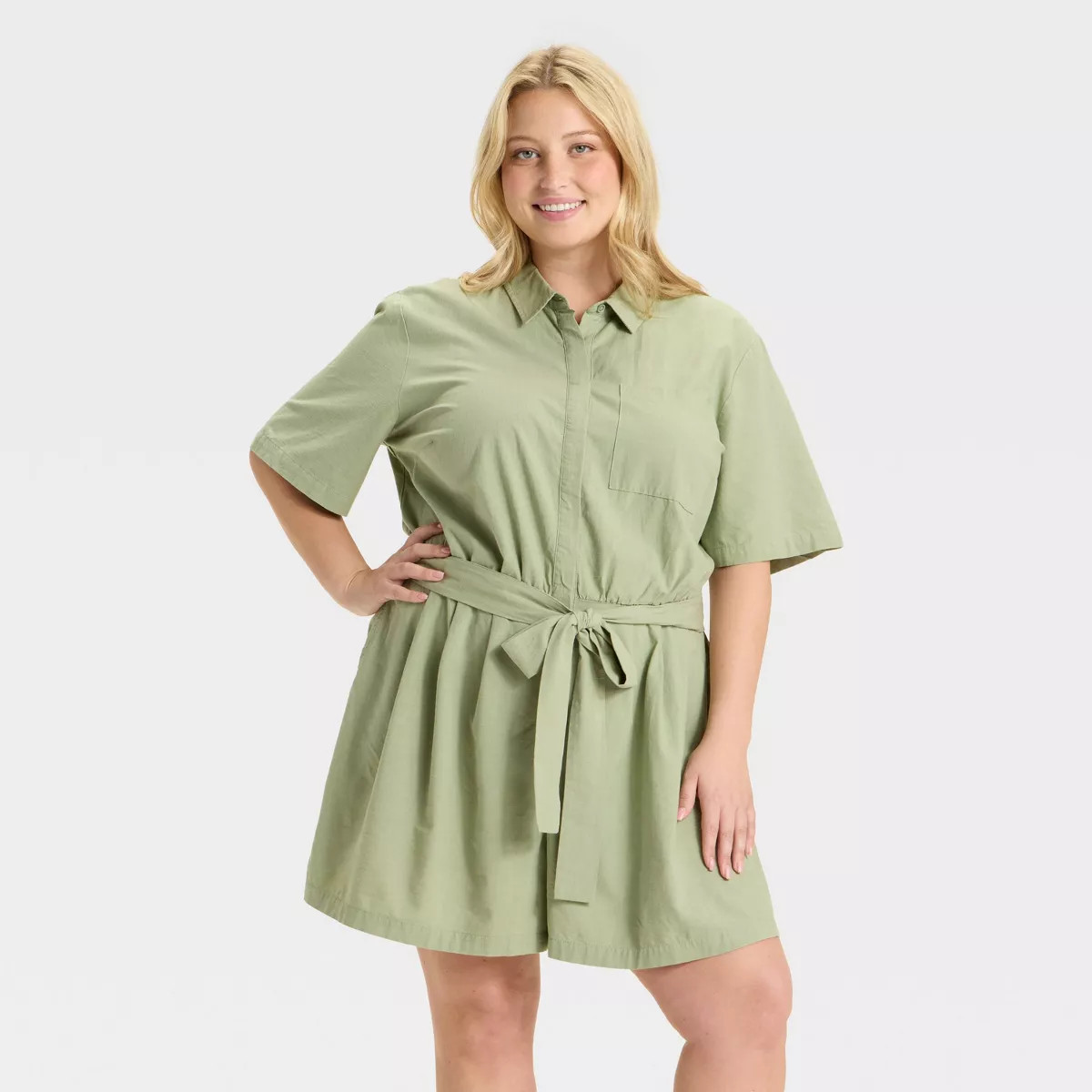 Women's Short Sleeve Belted Romper - Ava & Viv™ Olive Green XXL | Target