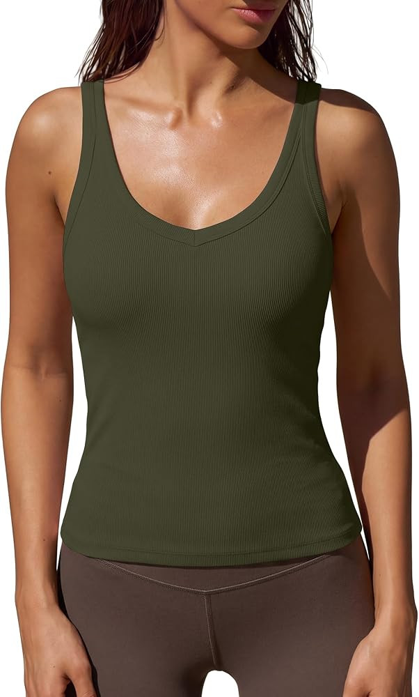 Darong Women's Ribbed Tank Top with Built-in Bra V Neck Sleeveless Shirts | Amazon (US)