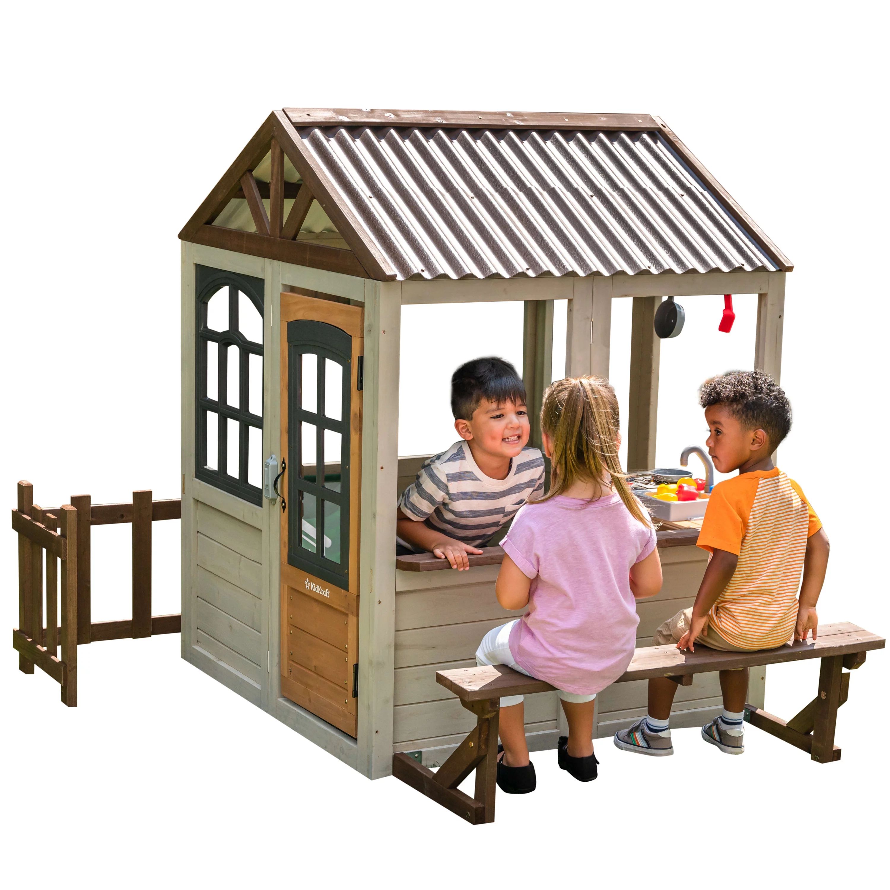 KidKraft Pioneer Cottage Wooden Outdoor Playhouse with Doorbell and 13 Pieces - Walmart.com | Walmart (US)