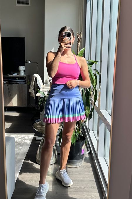 colorful athleisure outfit | tennis skirt, beach riot skirt, pink workout top

#LTKStyleTip #LTKActive
