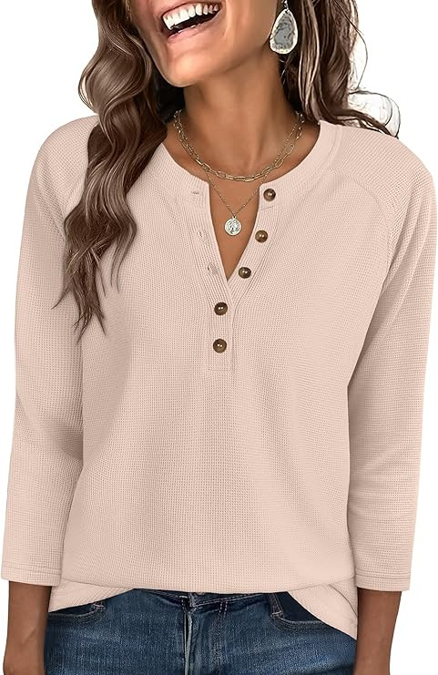 ANRABESS Women's 3/4 Sleeve Waffle Knit Tops V Neck Dressy Casual Button Loose Henley Shirts 2026... | Amazon (US)
