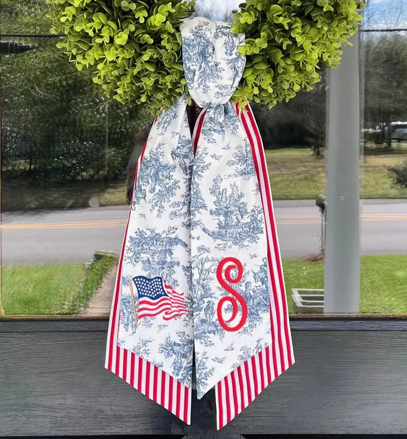 Personalized Patriotic Blue Toile Wreath Sash | Etsy (Global)
