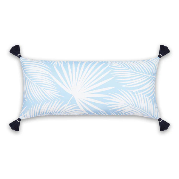 Coastal Indoor Outdoor Long Lumbar Pillow Cover, Palm Leaf with Tassels, Baby Blue, 12"x26" | Hofdeco