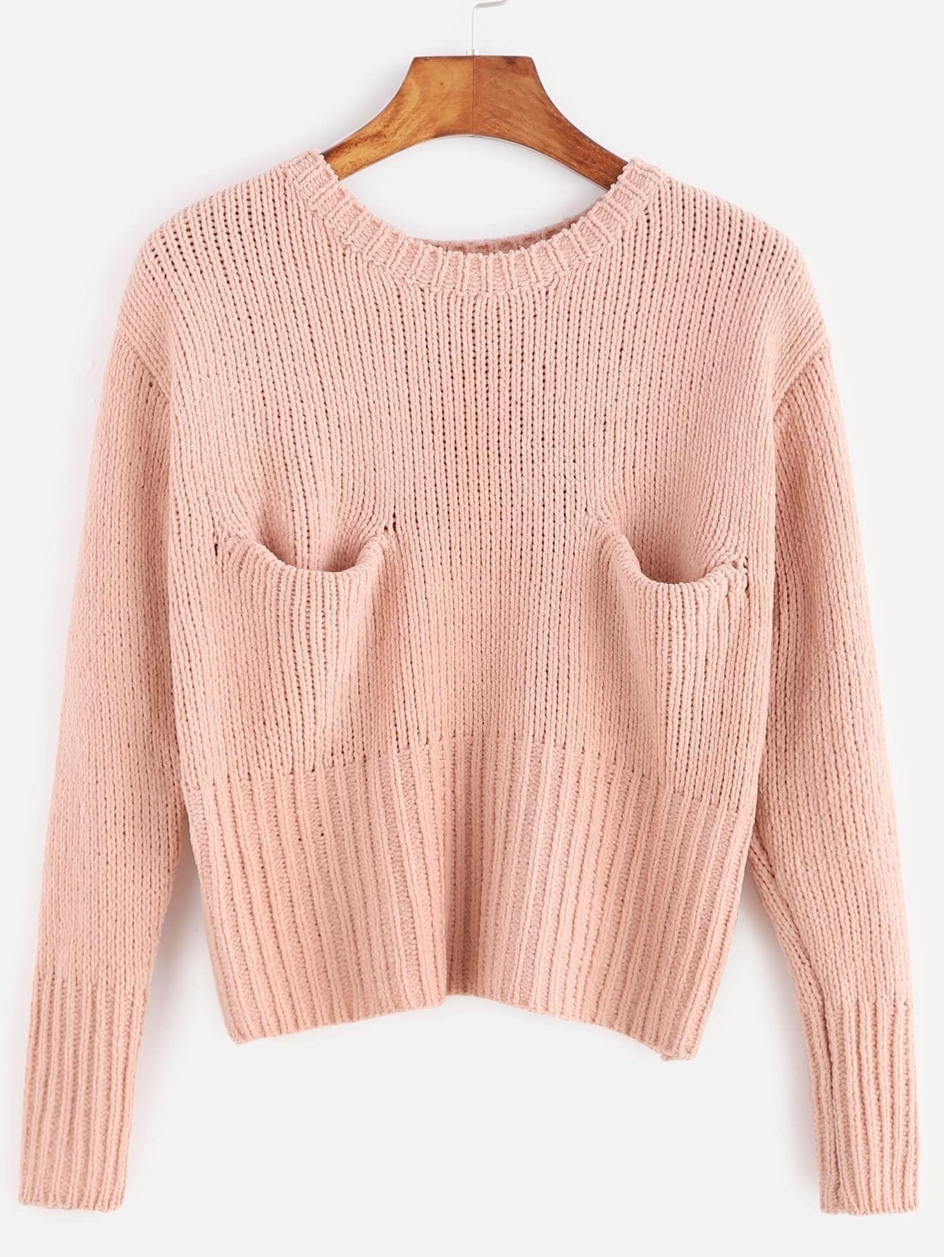 Pink Crop Sweater With Pockets | Romwe