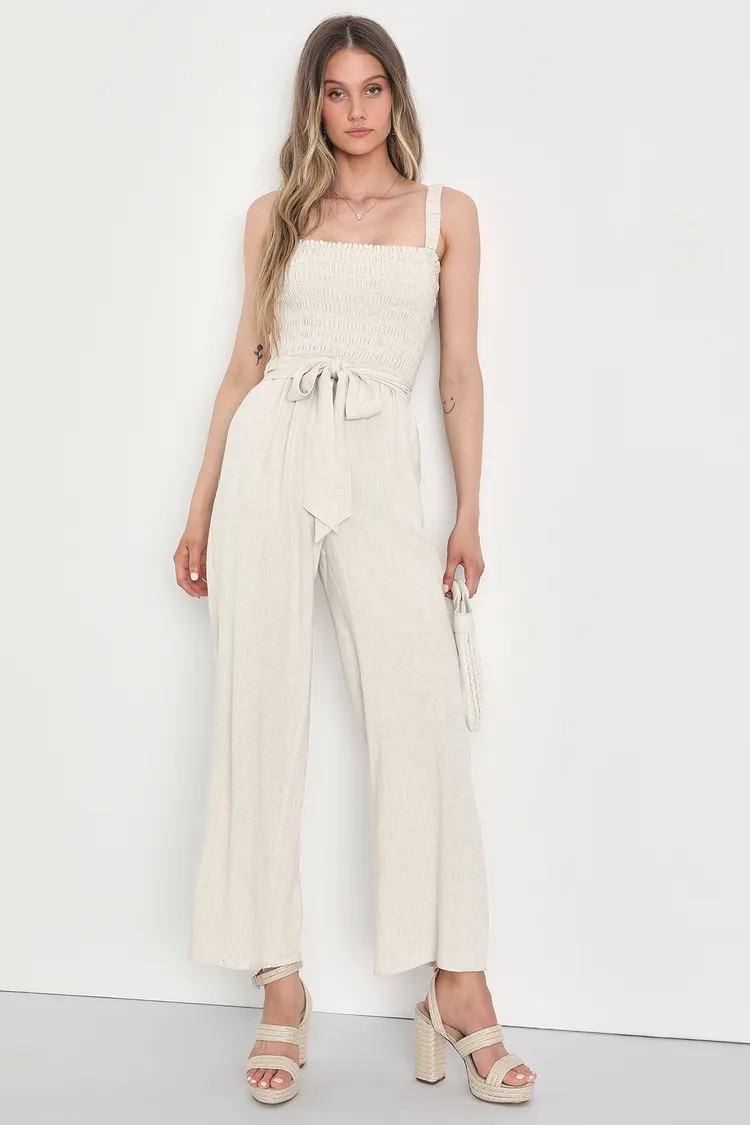 Summer Moments Beige Linen Smocked Wide-Leg Jumpsuit | Lulus