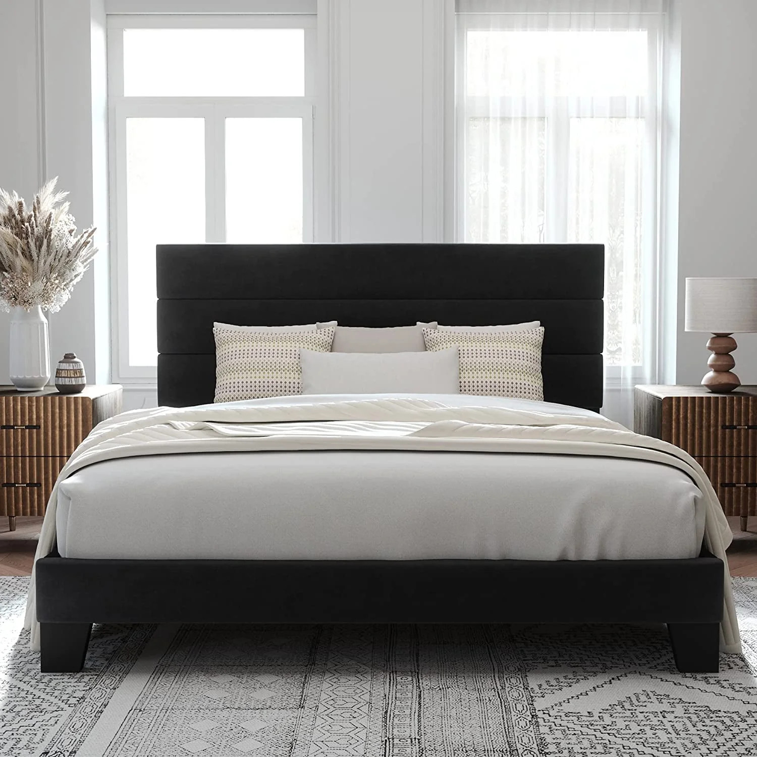 Allewie King Size Platform Bed Frame with Velvet Headboard/Fully Upholstered Mattress Foundation,... | Walmart (US)