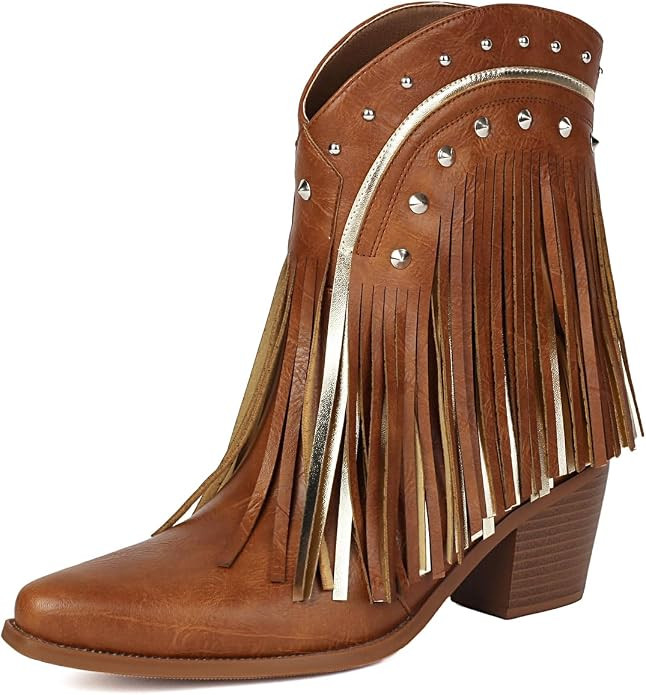 Women's Western Ankle Booties Pointed Toe Cowgirl Boots with Fringe Tassels or Sparkly Rhinestone... | Amazon (US)
