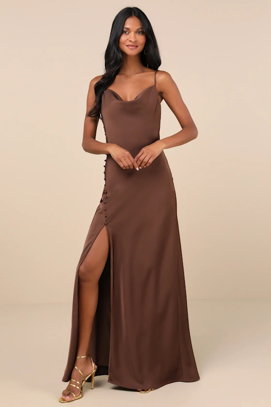 Truly a Beauty Dark Brown Satin Cowl Neck Side Button Maxi Dress | Lulus