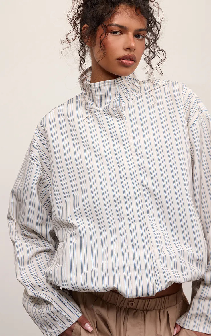 Blue Stripe Button Up Jacket | PrettyLittleThing UK