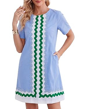 Kedera Women's Summer Shift Dress Short Sleeve RIC Rac Trim Mini Dress Color Block A-Line Tunic S... | Amazon (US)