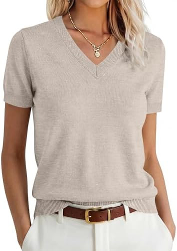 ANRABESS Women’s 100% Wool Sweater，Office Work V Neck Short Sleeve Sweaters ，Soft & Lightwe... | Amazon (US)