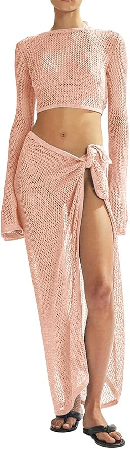 Women's Swimsuits Cover Ups Set for Crochet Bathing Suit Hollow Out 2 Piece Bikini Coverup Beach ... | Amazon (US)