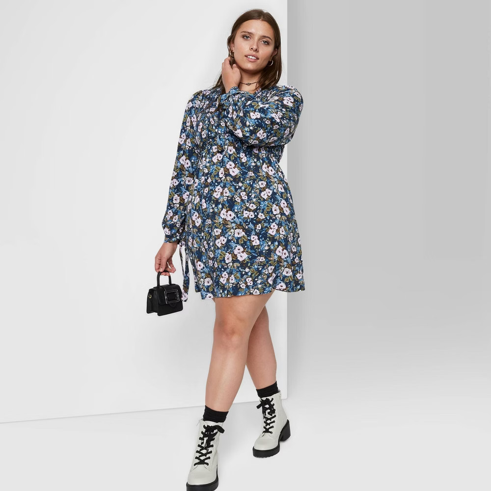 Women's Plus Size Long Sleeve Dress - Wild Fable Navy Floral 2X, Blue Floral | Target