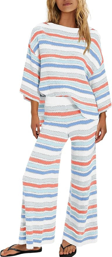 Womens Oversized Striped 2 Piece Set Sweater and Wide Leg Pants with Pockets Pajama Lounge Sets C... | Amazon (US)
