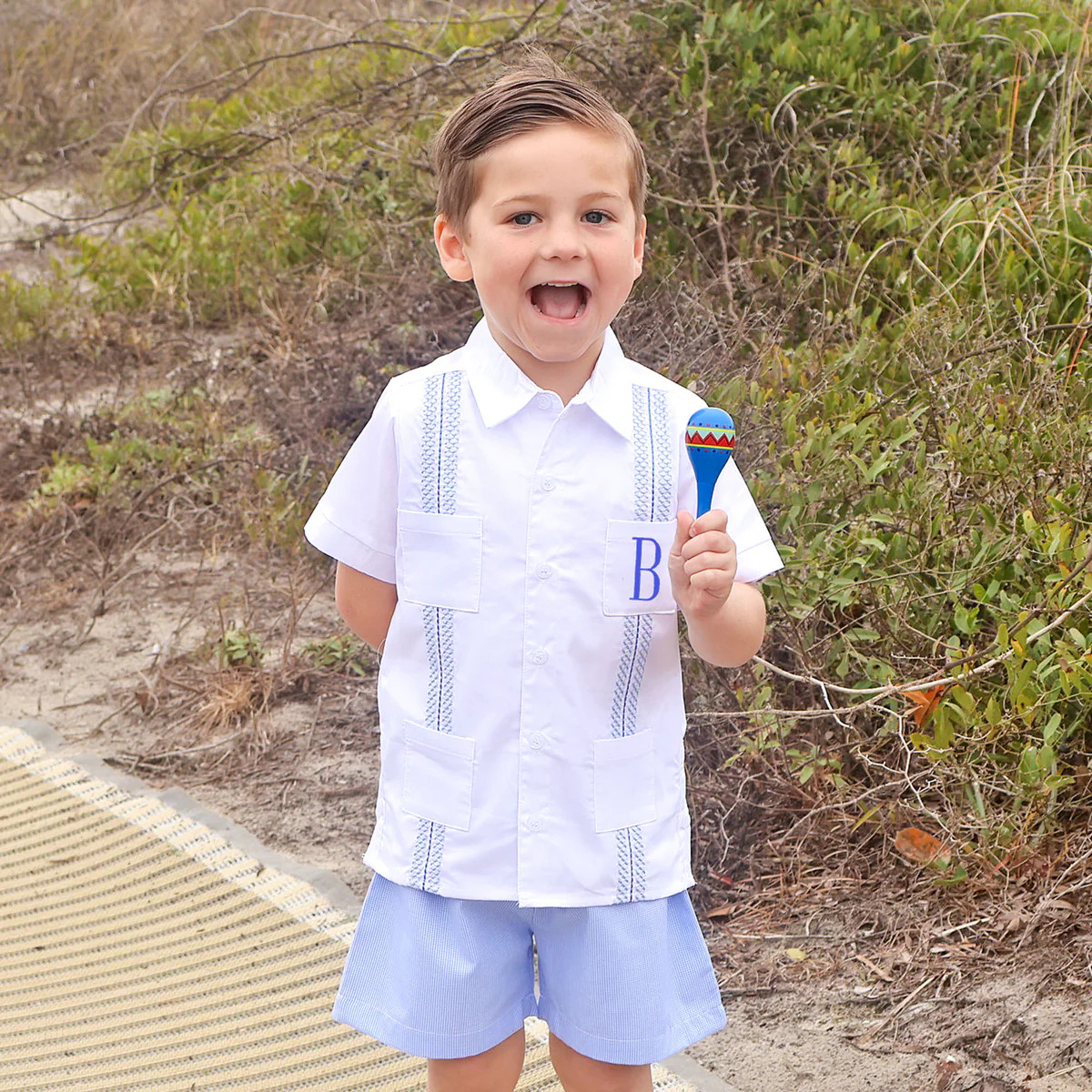 White With Blue Embroidered Guayabera Short Set | Classic Whimsy