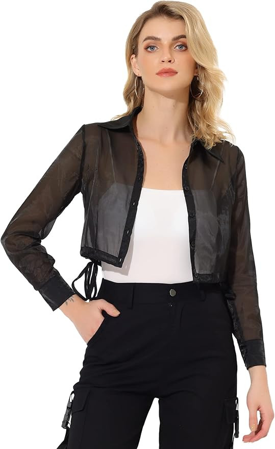 Allegra K Women's See Through Top Long Sleeve Drawstring Hem Button Down Cropped Mesh Sheer Jacke... | Amazon (US)