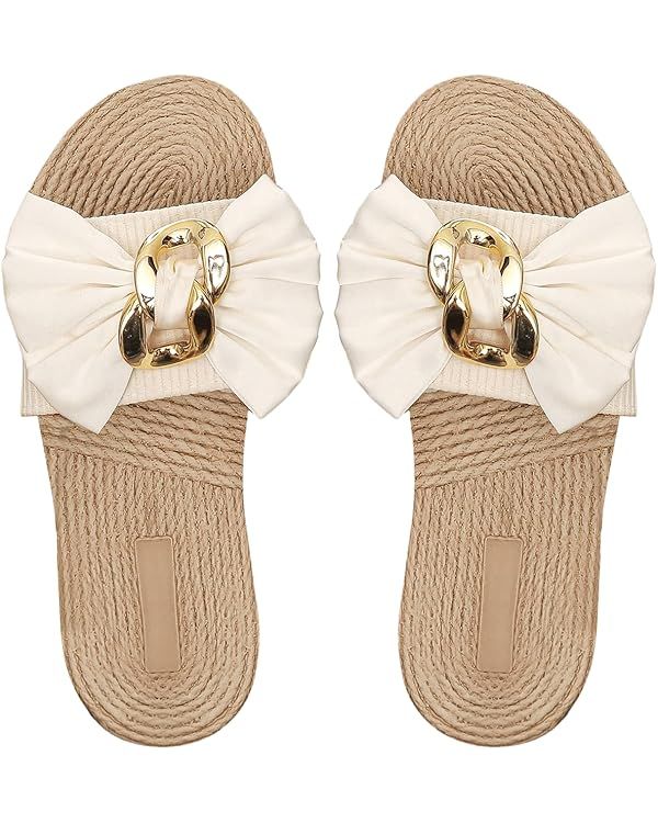 GORGLITTER Women's Bow Knot Sandals Metal Buckle Thick Sole Linen Casual Beach Slides Sandals | Amazon (US)
