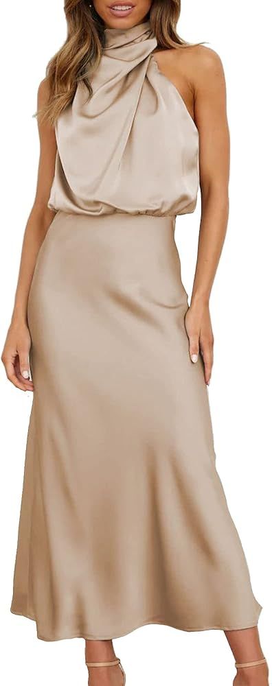 TheyLook Elegant Satin Silk Dress for Women Halter Neck Sleeveless Semi Formal Dresses Cocktail P... | Amazon (US)