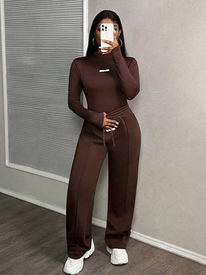 Slaydiva Women 2pcs/Set Casual Letter Graphic Long Sleeve T-Shirt And Pants Suit, Suitable For Da... | SHEIN