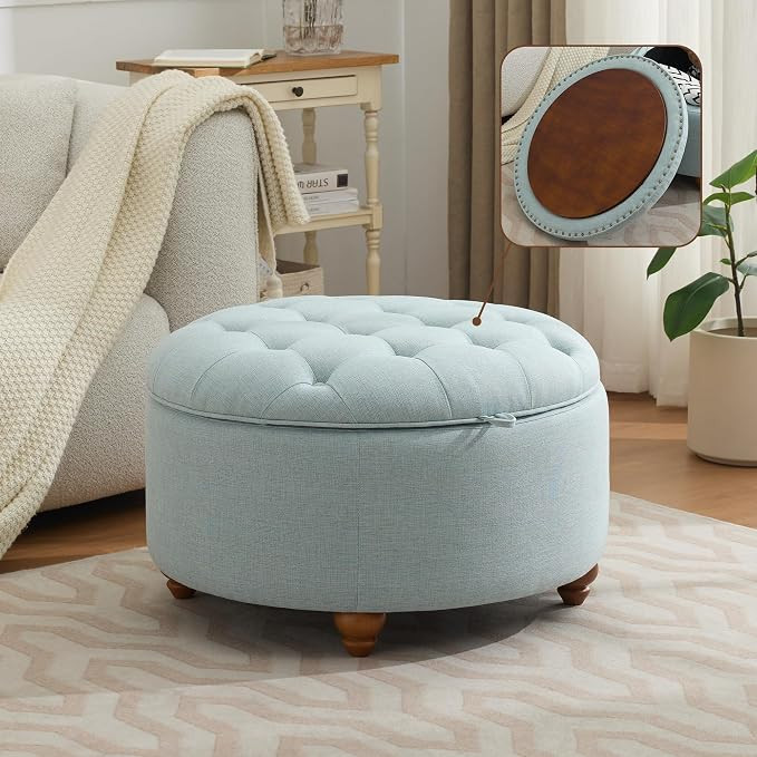 30Inch Round Storage Ottoman with Tray, Modern Tufted Fabric Circle Coffee Table with Storage, Up... | Amazon (US)