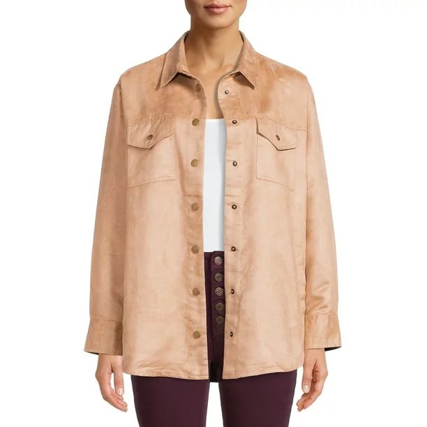 Time and Tru Women's Faux Suede Shacket with Snaps - Walmart.com | Walmart (US)