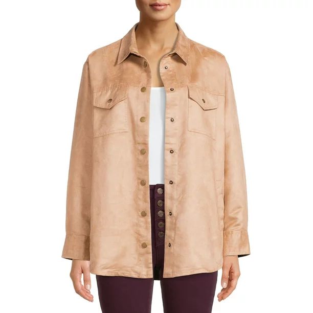 Time and Tru Women's Faux Suede with Snaps Shacket - Walmart.com | Walmart (US)