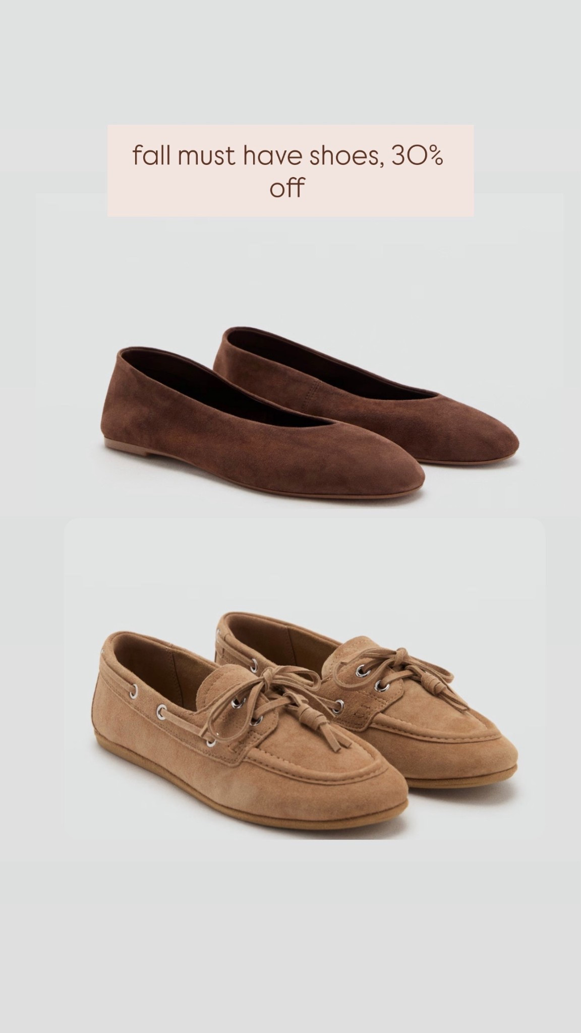 Mango suede shoes 30% off, brown ballet flats, boat shoes 

#LTKStyleTip #LTKSaleAlert #LTKShoeCrush