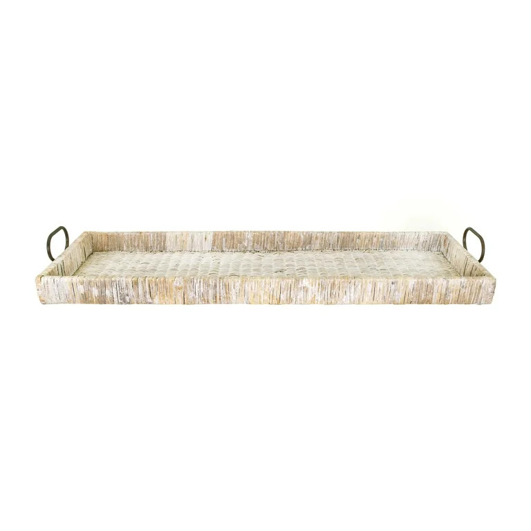 Creative Co-Op Oversize Decorative Rattan Tray with Metal Handles, Whitewash Finish | Walmart (US)