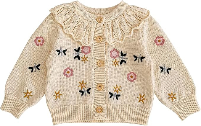 HOOLCHEAN Baby Girls Flower Embroidered Lotus Leaf Collar Sweater Infant Cotton Cardigan | Amazon (US)