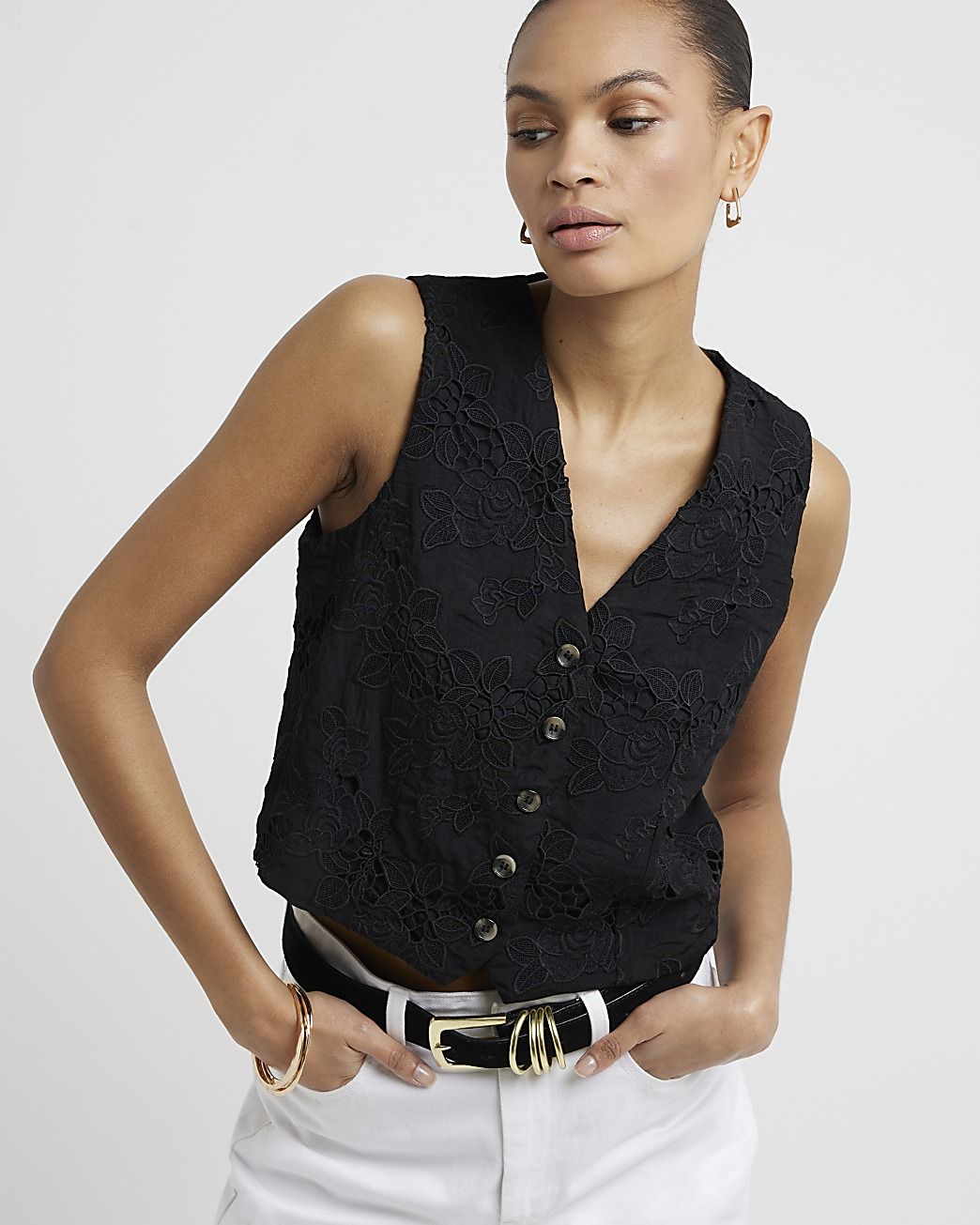 Black floral embroidered waistcoat | River Island (UK & IE)
