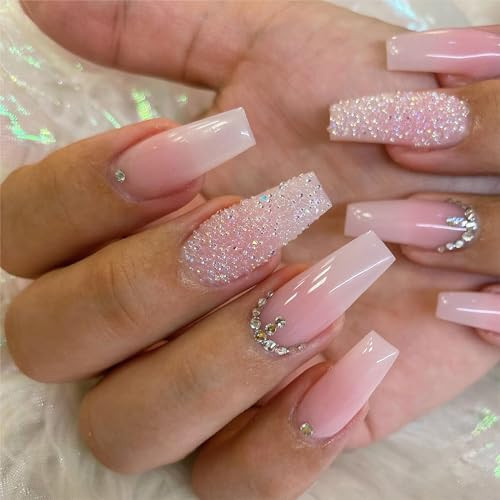 Jremg Pink Press On Nails - Long Square Coffin Fake Nails, Pink White Ombre, Full Cover Acrylic, Glossy Gradient False Nails with Design Rhinestone, Stick On Nails for Women Girls Manicure, 24Pcs | Amazon (US)