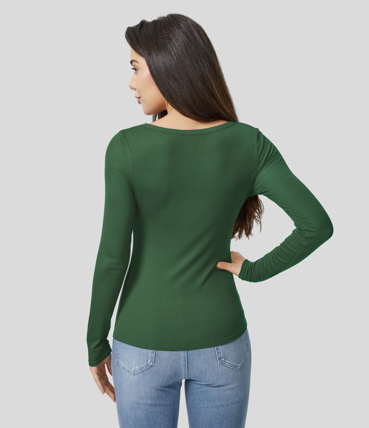 Women’s Ribbed Henley Neck Long Sleeve Slim Casual Top - Halara | HALARA