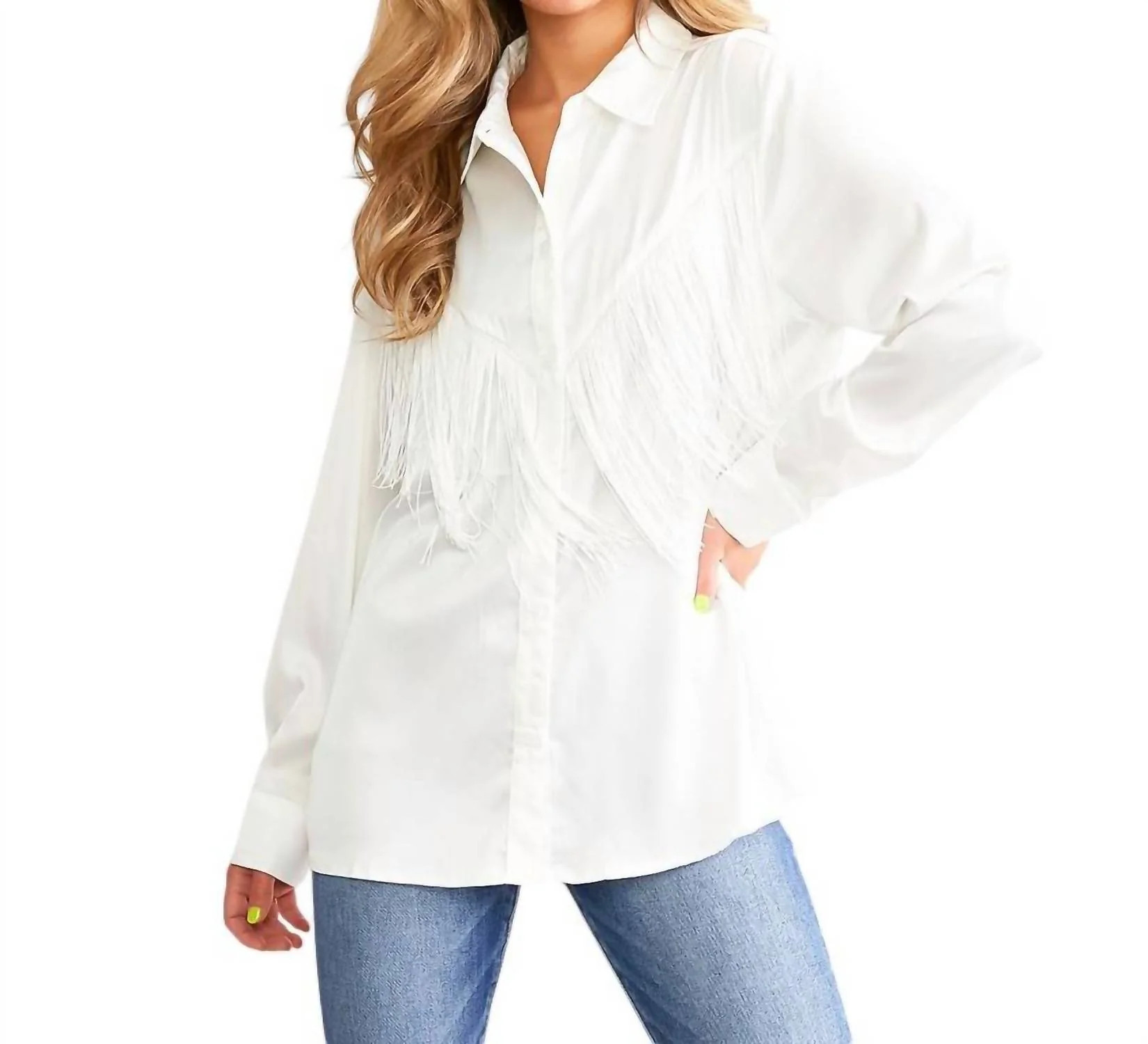 Satin Western Fringe Button Down Top In White | Shop Simon