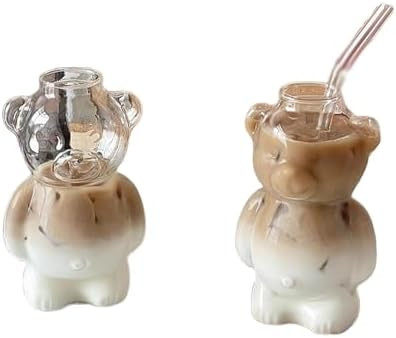 Cartoon Bear Shaped Coffee Mug, Cute Bear Mug, Glass Cup with Straw, Cute Kawaii Bear Glass Bottl... | Amazon (US)