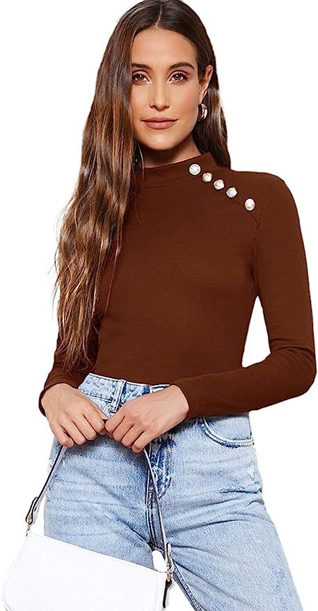 Romwe Women's Long Sleeve Mock Neck Button Causal Tops Blouse T Shirt | Amazon (US)