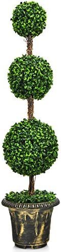 Goplus 4 Ft Artificial Boxwood Topiary Tree, Fake Greenery Plants Ball Tree, Leaves & Cement-Fill... | Amazon (US)