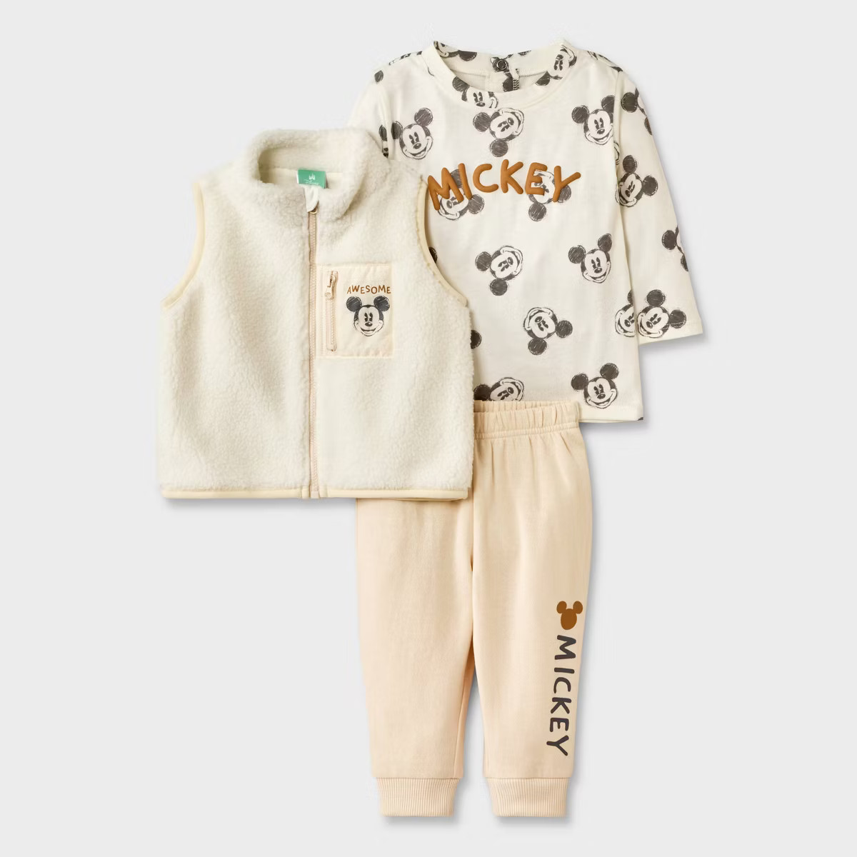 Baby Boys' 3pc Disney Mickey Mouse Long Sleeve Shirt with Cozy Zip-Up Vest & Bottom Set - Brown/O... | Target