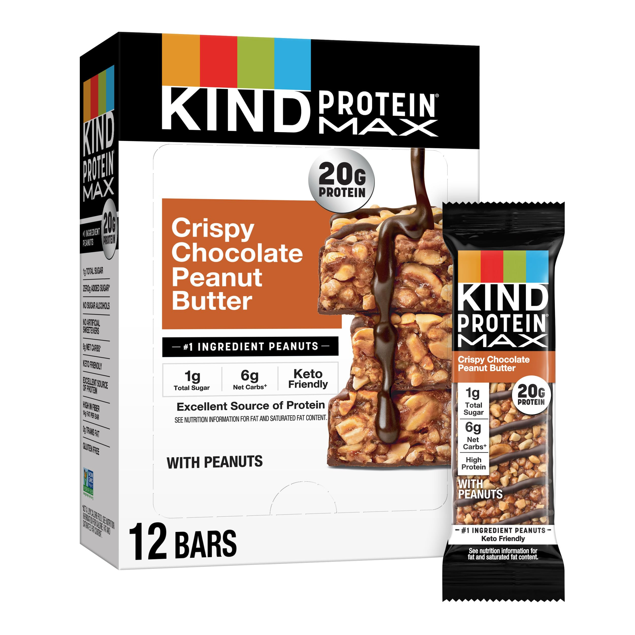 KIND Protein MAX Crispy Chocolate Peanut Butter Snack Bars, 20g of Protein, Keto Friendly, 1g of ... | Amazon (US)