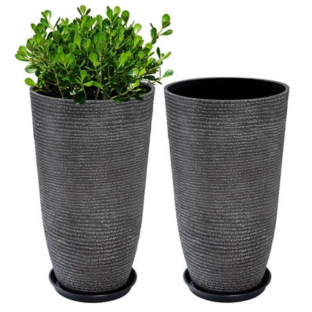 QCQHDU 21 inch Tall Planters with Saucer,2 Pack 9 Gallon Stone Round Pots for Indoor Plants,Outdoor Patio & Porch Decor, Heavy Duty Weatherproof Plant Containers,Dark Gray | Walmart (US)